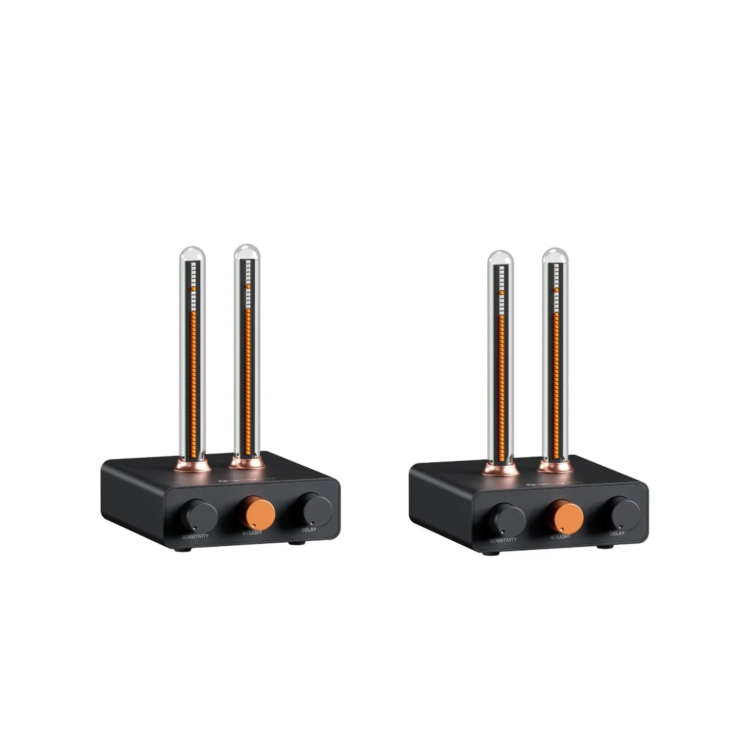 Black fosi audio ah-01a audio processors with copper accents and vertical led tubes rhythm ambient monitor light bar