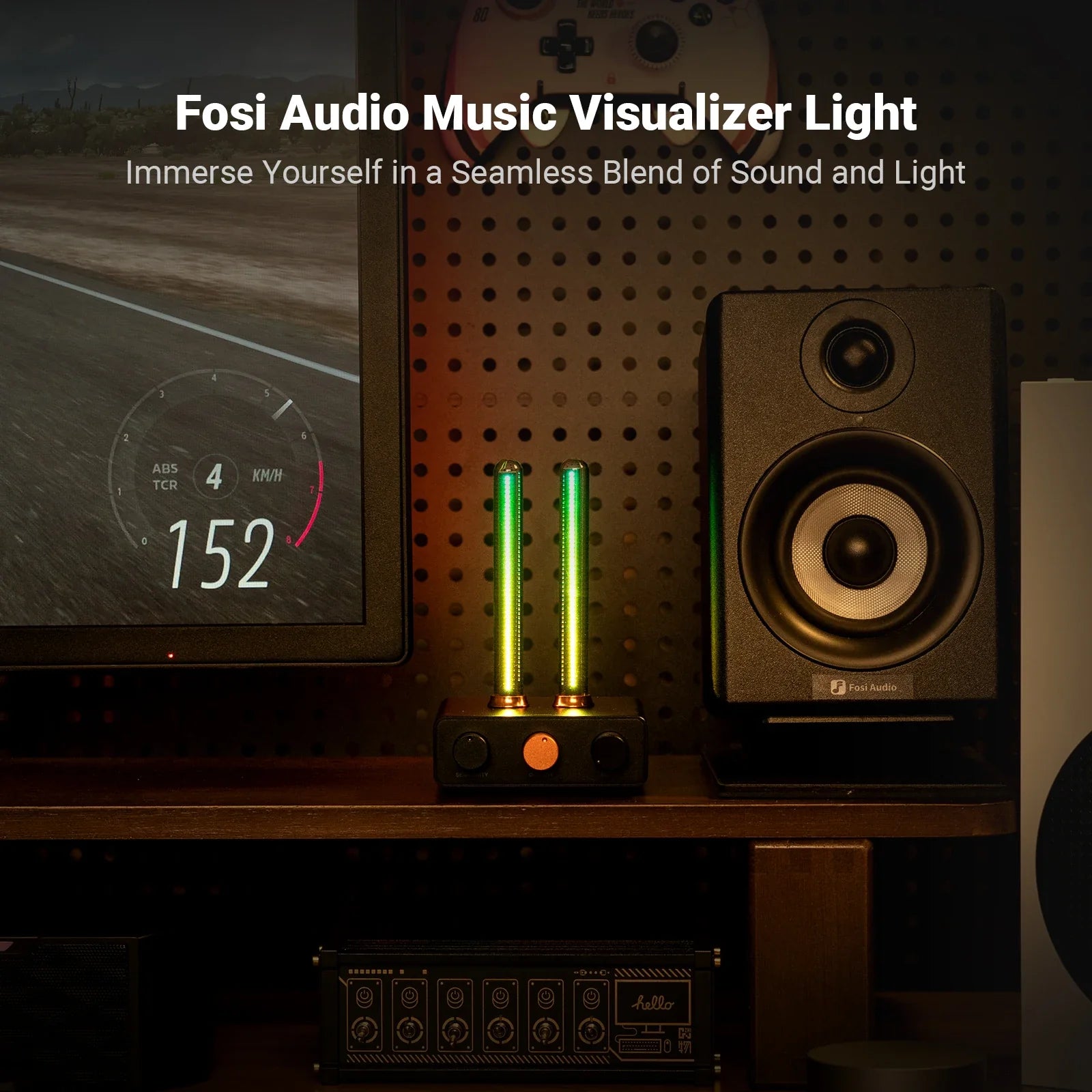 Fosi Audio AH-01A rhythm ambient monitor light bar with two green LED tubes and black base with orange buttons
