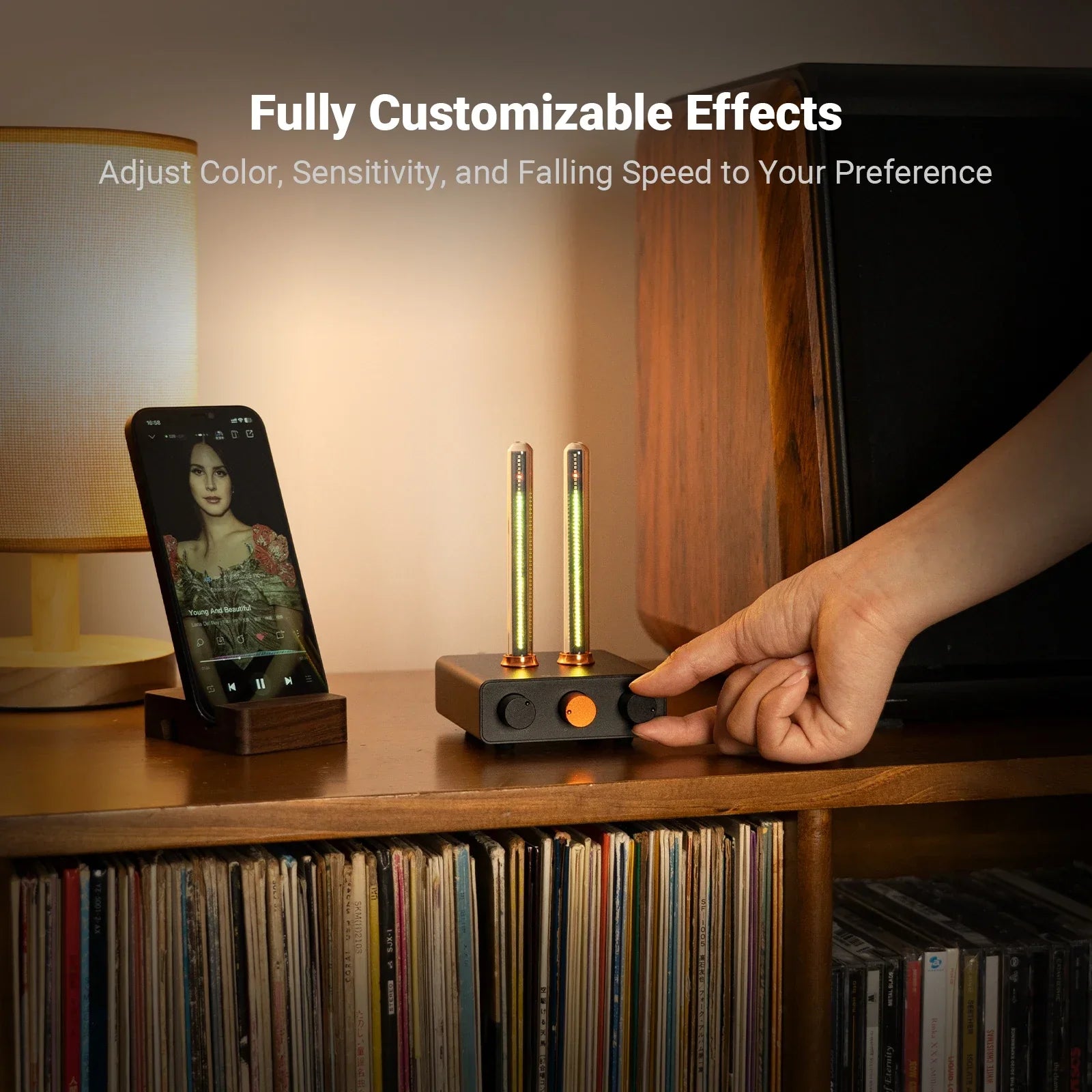 Black rectangular fosi audio rhythm ambient audio effect controller with gold tubes and orange knobs monitor light bar