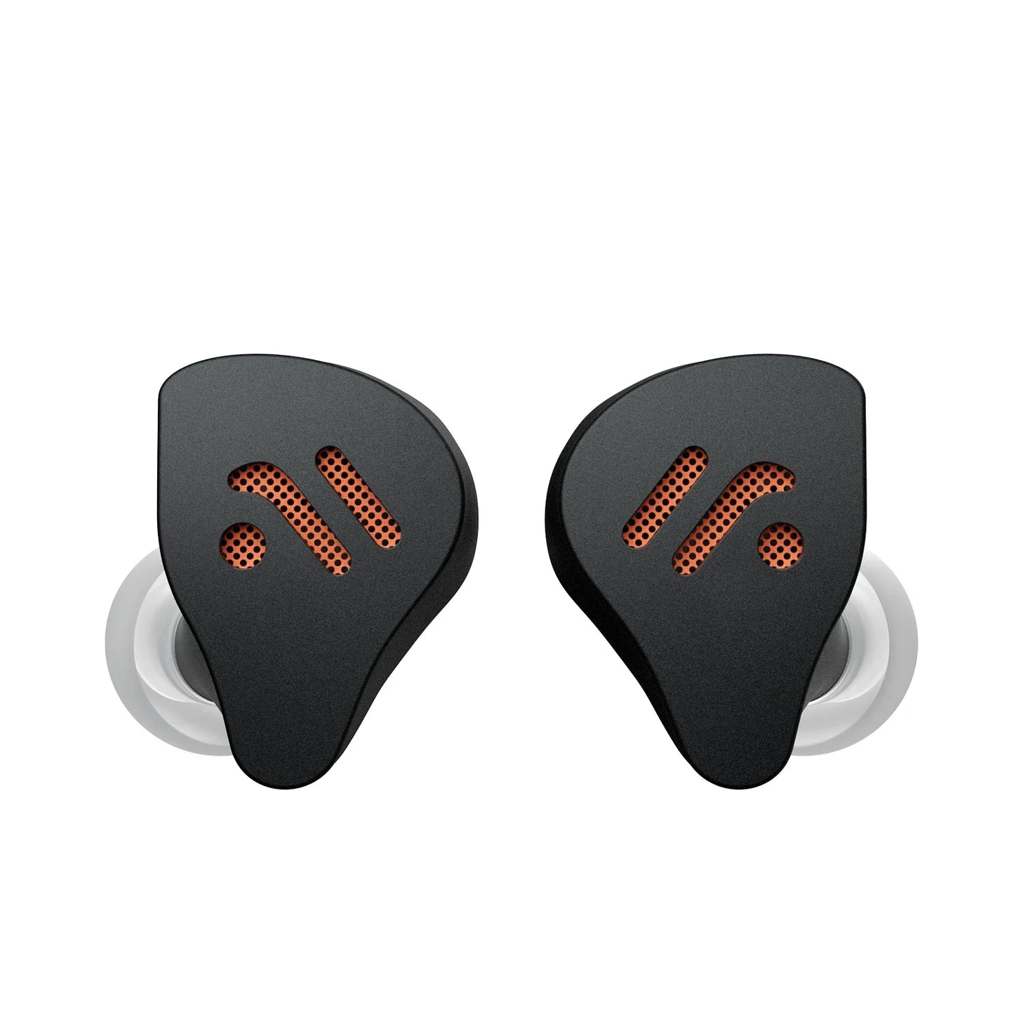 Fosi Audio IM4 black in-ear headphones with orange perforated accents and dynamic drivers IEM for music monitoring gaming