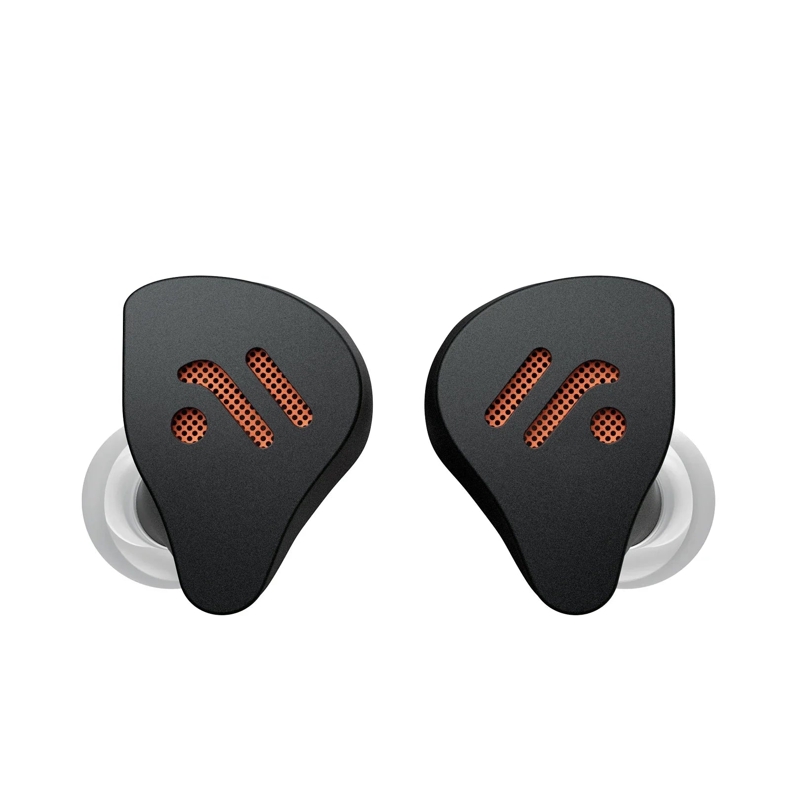 Fosi Audio IM4 black in-ear headphones with orange perforated accents and dynamic drivers IEM for music monitoring gaming