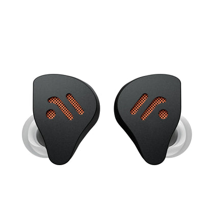 Fosi Audio IM4 black in-ear headphones with orange perforated accents and dynamic drivers IEM for music monitoring gaming