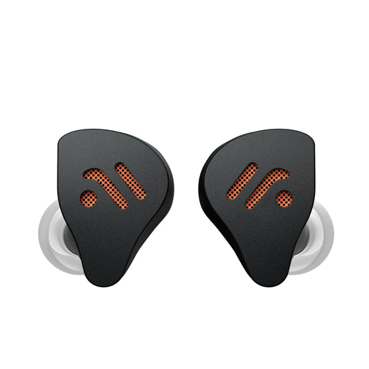 Fosi Audio IM4 black in-ear headphones with orange perforated accents and dynamic drivers IEM for music monitoring gaming