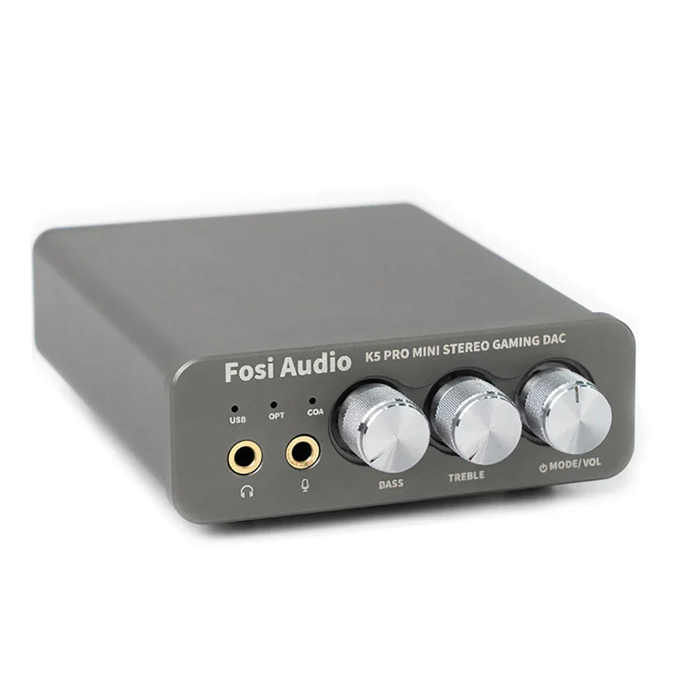Gray fosi audio k5 pro mini stereo gaming dac with three silver knobs for bass treble and mode volume control headset use