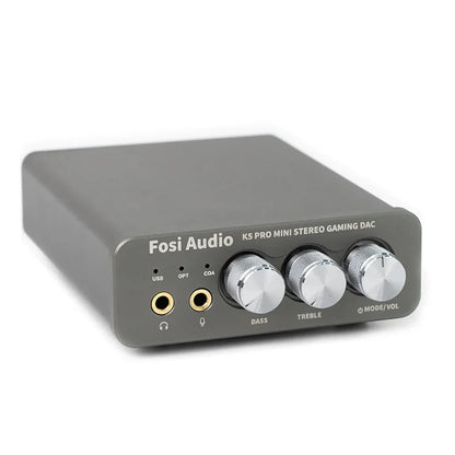 Gray fosi audio k5 pro mini stereo gaming dac with three silver knobs for bass treble and mode volume control headset use