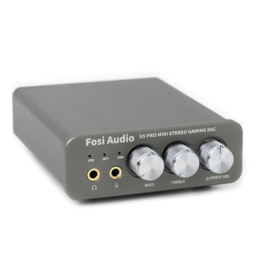 Gray fosi audio k5 pro mini stereo gaming dac with three silver knobs for bass treble and mode volume control headset use