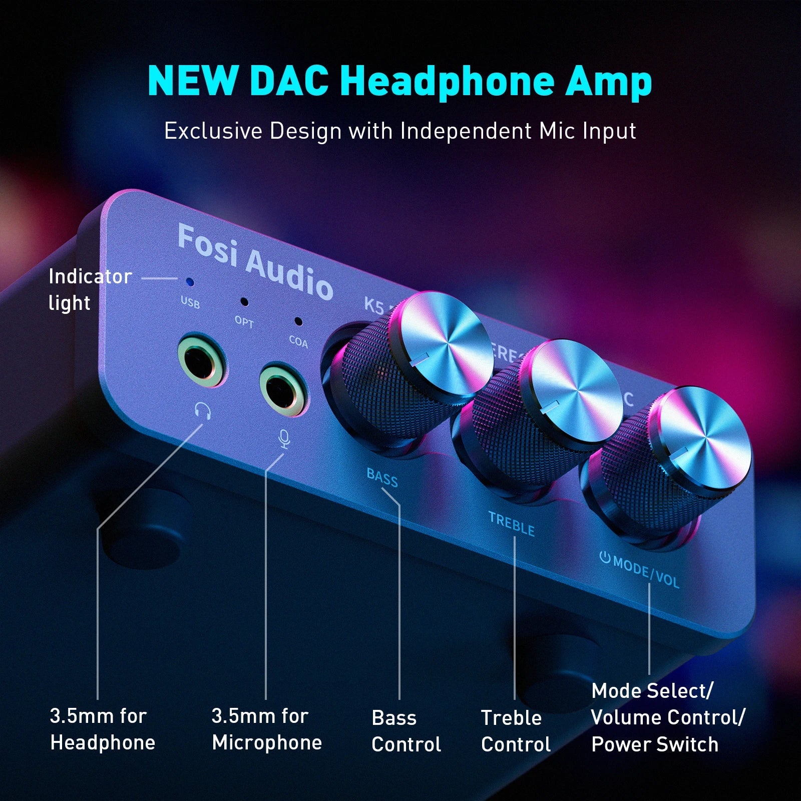Fosi audio k5 pro gaming usb headphone amplifier desktop dac amp with blue metallic finish and three metal control knobs