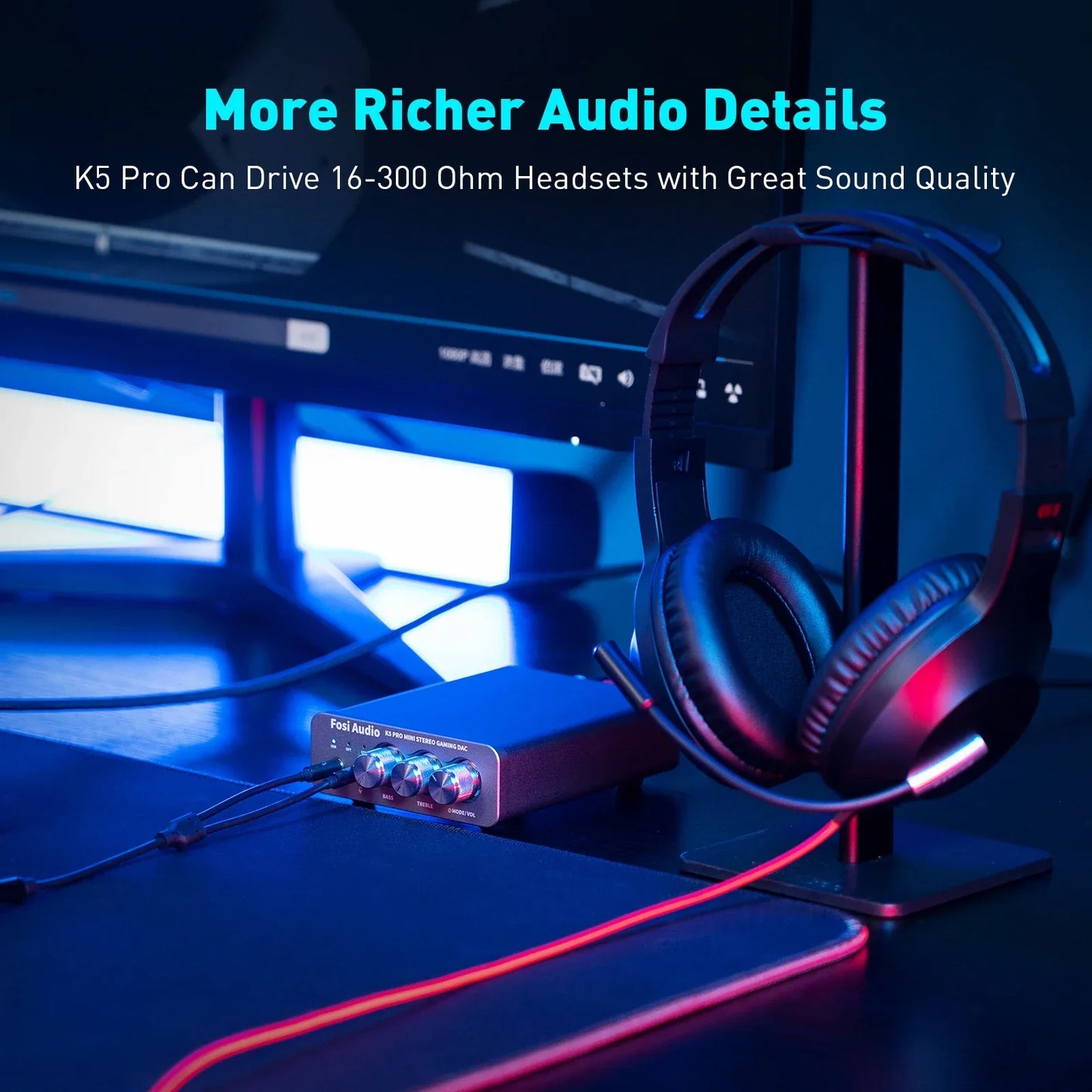 Black over-ear gaming headset with red accent lighting paired with fosi audio k5 pro gaming usb headphone amplifier desktop amp