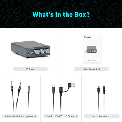 Gray fosi audio k5 pro x1 pro gaming usb dac with headphone amplifier desktop and three silver knobs and multiple ports