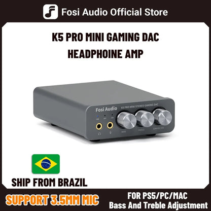 Gray fosi audio k5 pro gaming usb dac headphone amplifier desktop with three silver knobs and gold-plated jacks