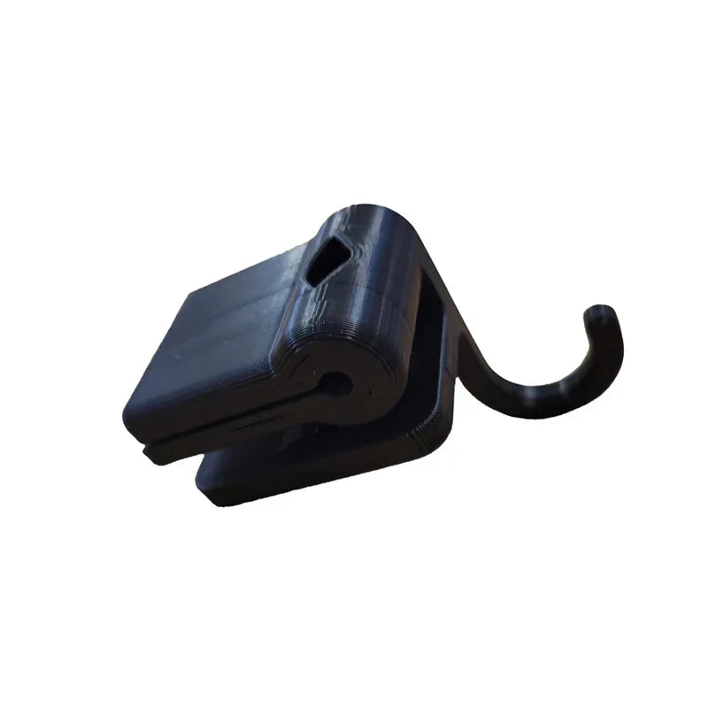 Black plastic folding bow hook with curved loop and rectangular clamp for bow holder organizer on music stand