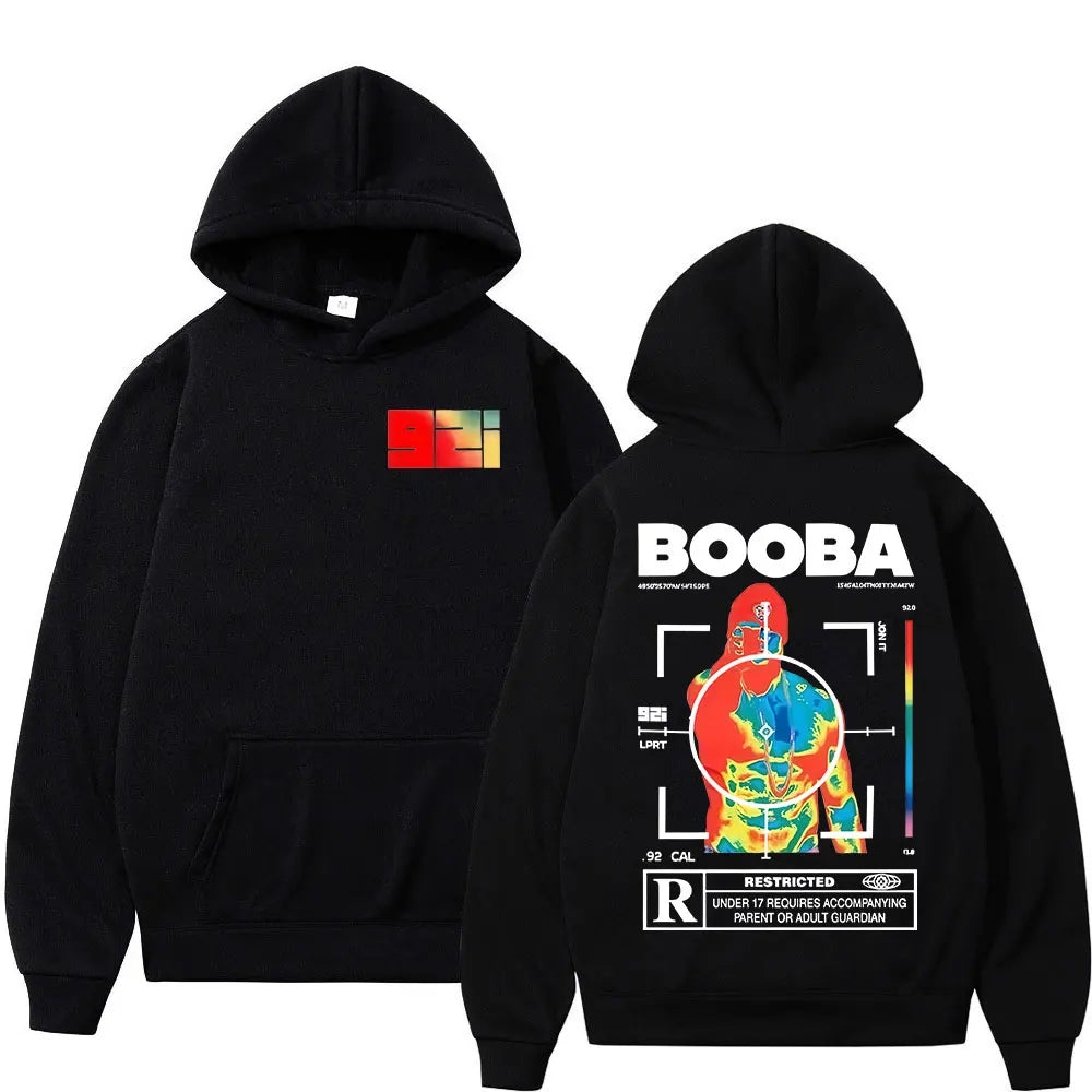 Black hoodie with thermal imaging style booba graphic on back and small rainbow logo on front sleeves hooded sweatshirts