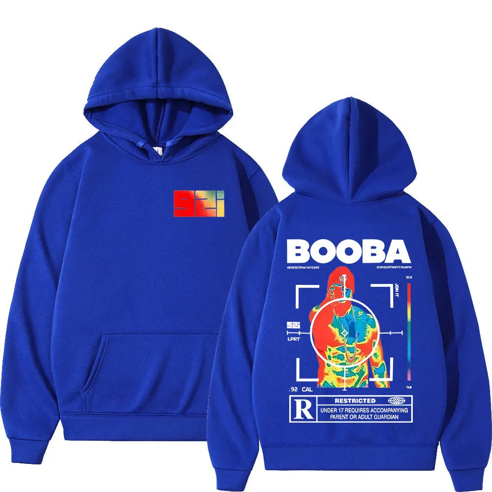 Royal blue hooded sweatshirt with vibrant heat-map booba graphic on back and colorful front logo for rapper booba b2o tour