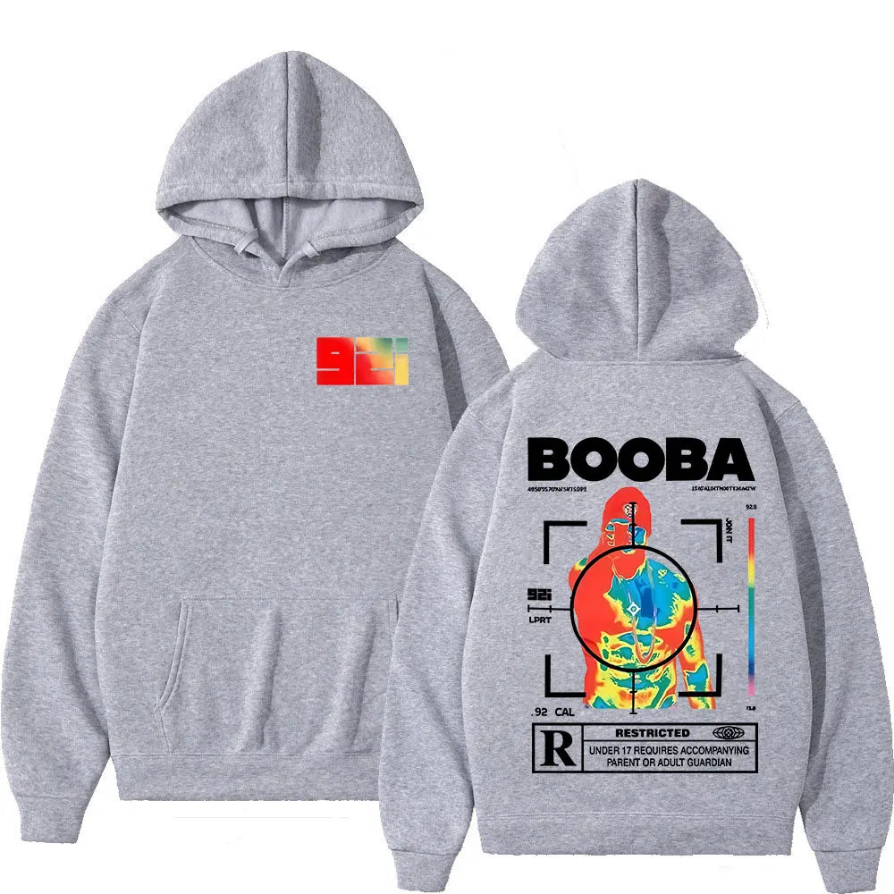 Gray hoodie with vibrant thermal imaging graphic of rapper booba b2o on back and colorful 92 logo front sleeves hooded sweatshirts