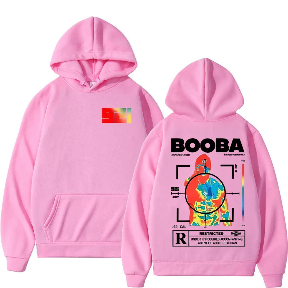 Pink rapper booba b2o tour hoodie with heat-map graphic on back and colorful logo on front sleeves hooded sweatshirts