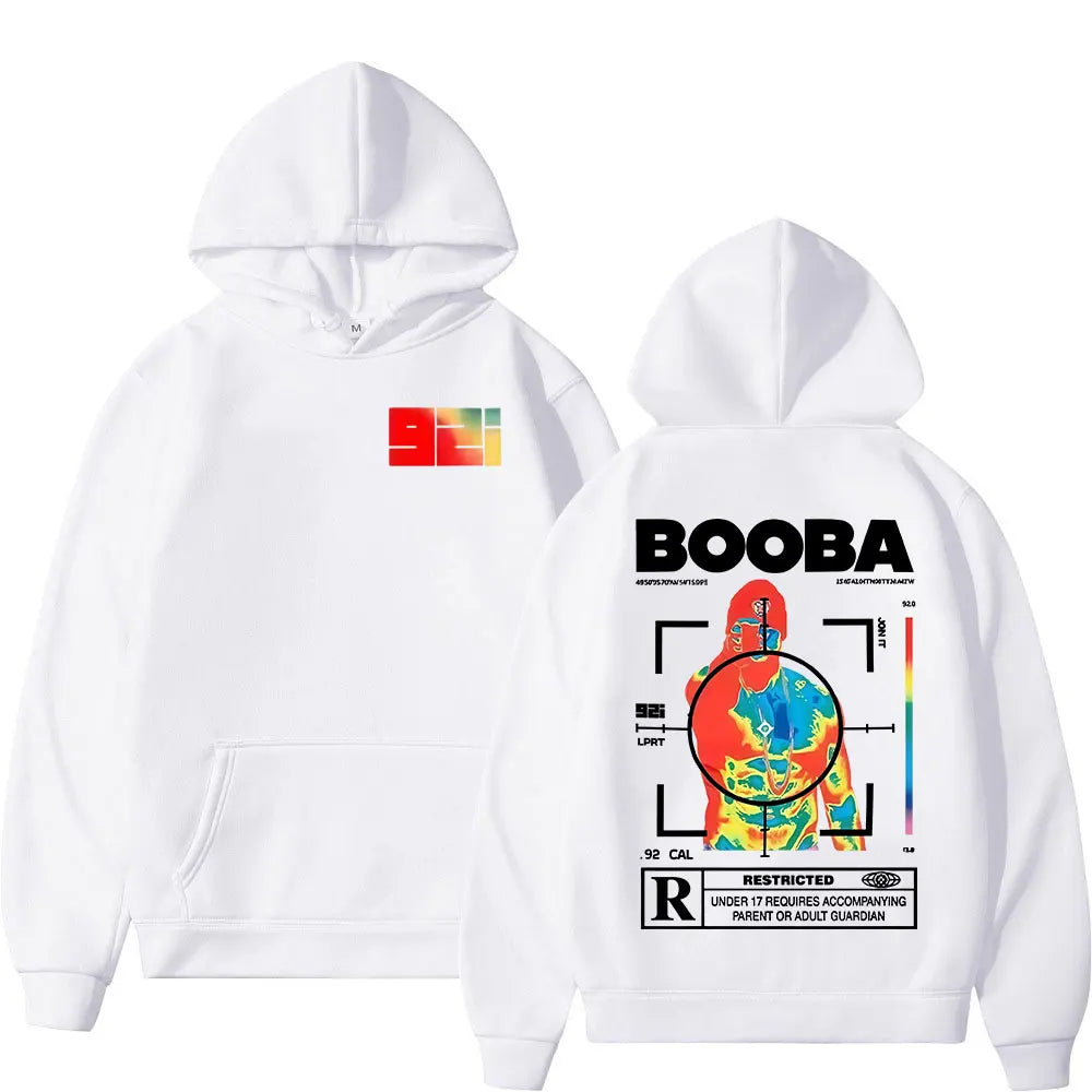 Back of white hoodie with vibrant thermal design and bold booba text for rapper booba b2o tour sleeves hooded sweatshirts