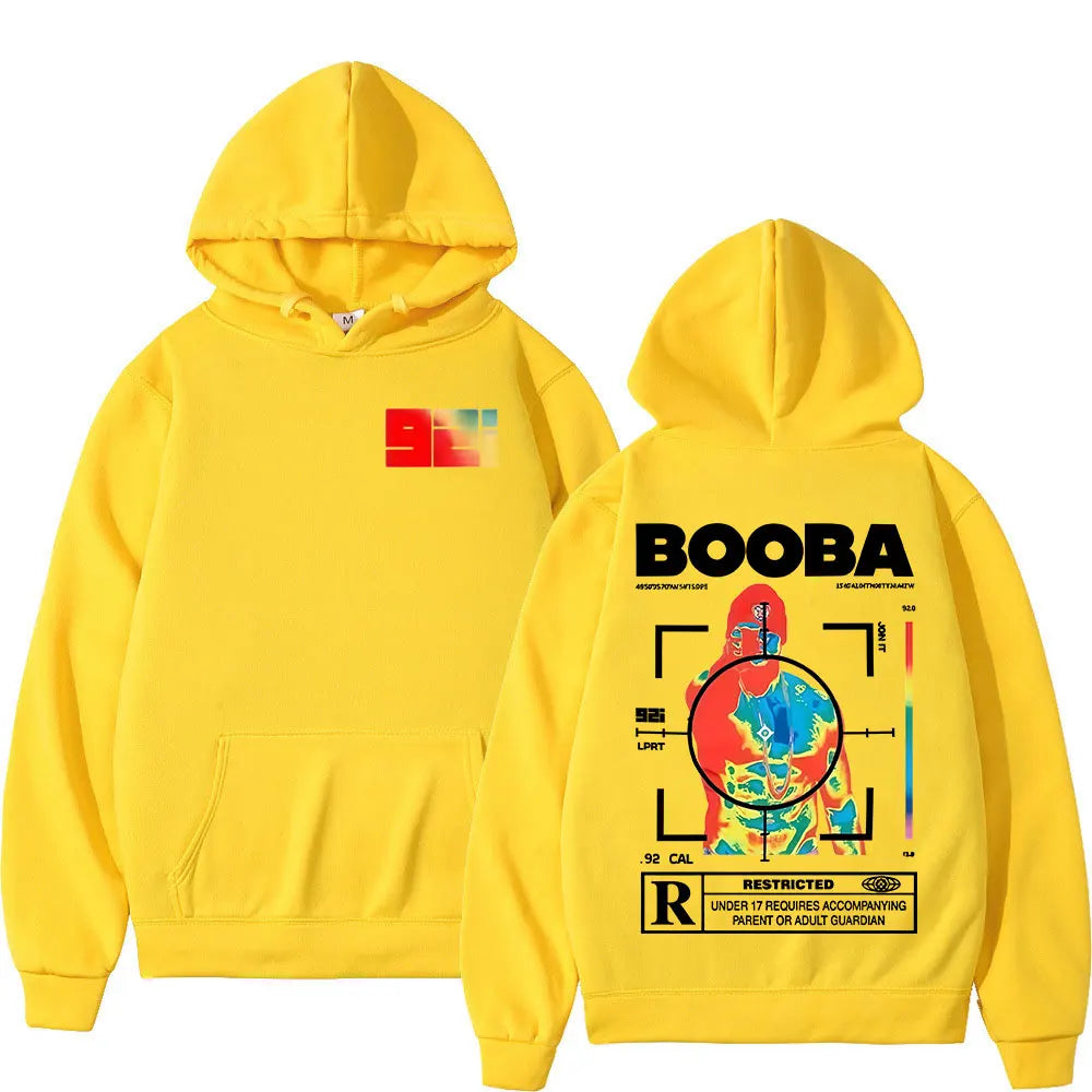 Back view of bright yellow oversized booba b2o tour hoodie men’s long sleeves hooded sweatshirts with bold graphic print