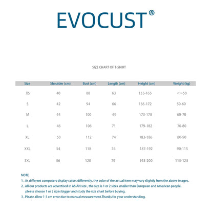Evoccust brand size chart showing shoulder bust length height and weight for frank rapper hip hop blond cotton t shirt