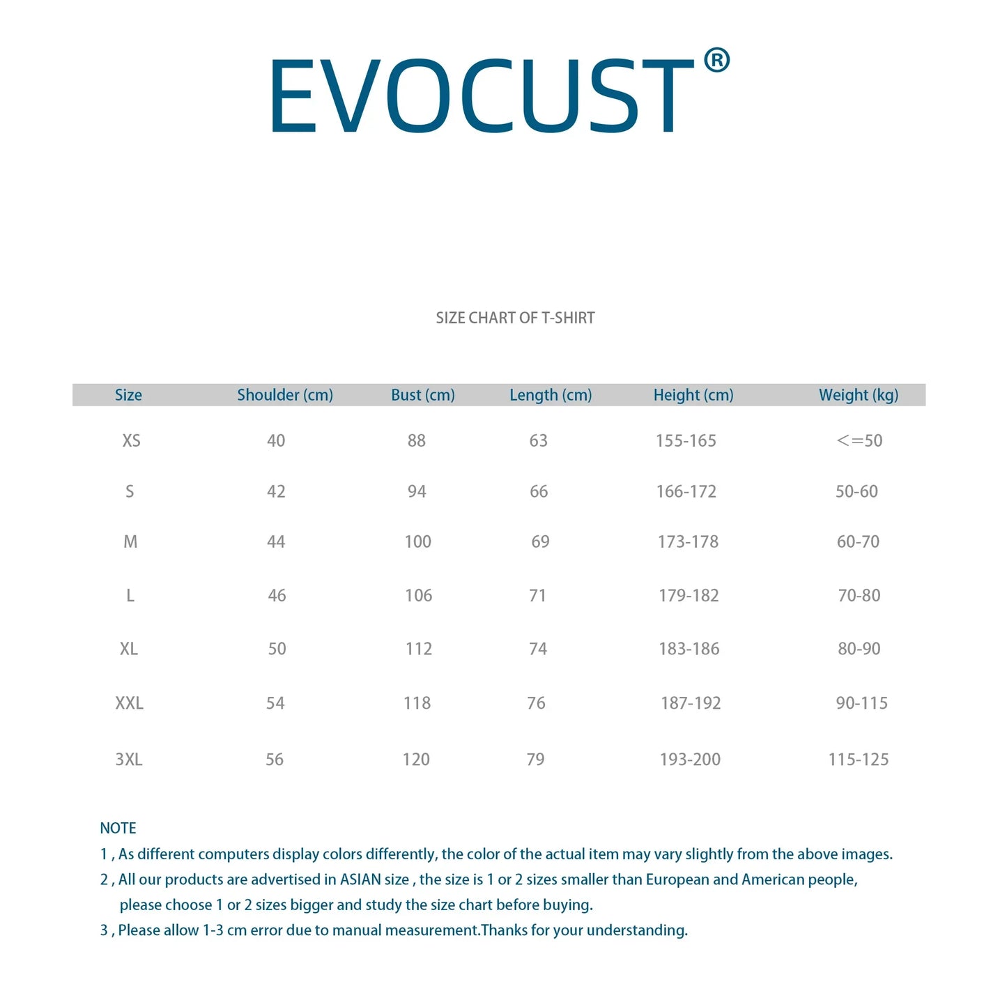 Evoccust size chart for frank rapper hip blond cotton men tee tshirt womens displaying shoulder bust length height weight