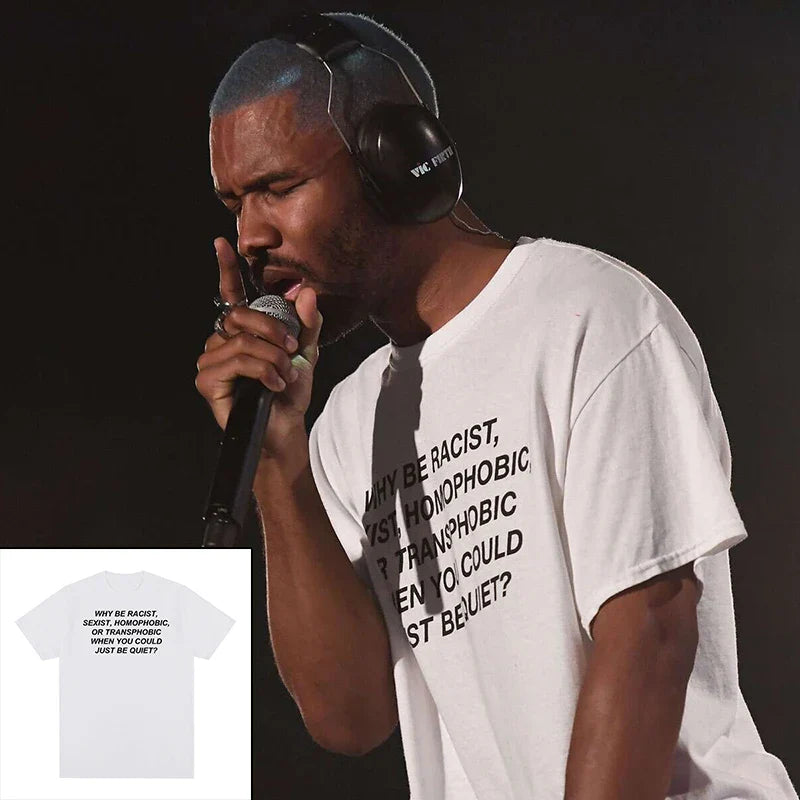 White cotton frank rapper hip hop t shirt with black text promoting inclusivity for men and women new tee tshirt tops