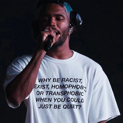 White cotton frank rapper hip hop t-shirt for men and women featuring black text anti-racist message on front