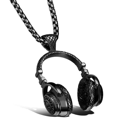 Black metallic music headphone pendant necklace with woven texture and chain hip hop jewelry for men and women