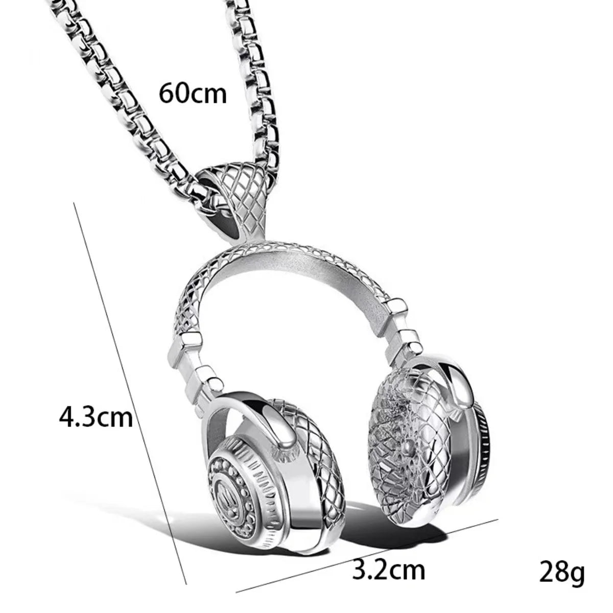 Silver-toned stainless steel music headphone pendant necklace with detailed lattice design for hip hop jewelry fans