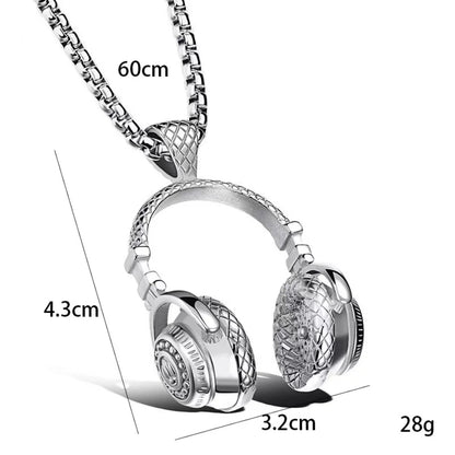 Silver-toned stainless steel music headphone pendant necklace with detailed lattice design for hip hop jewelry fans