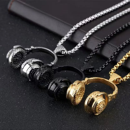 Gold-colored fan dj music headphone pendant necklace with intricate engravings and matching chain hip hop jewelry gift