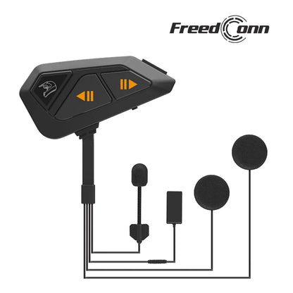 Black freedconn fg bluetooth helmet intercom headset with orange buttons and circular earpieces for interphone communicator 10riders