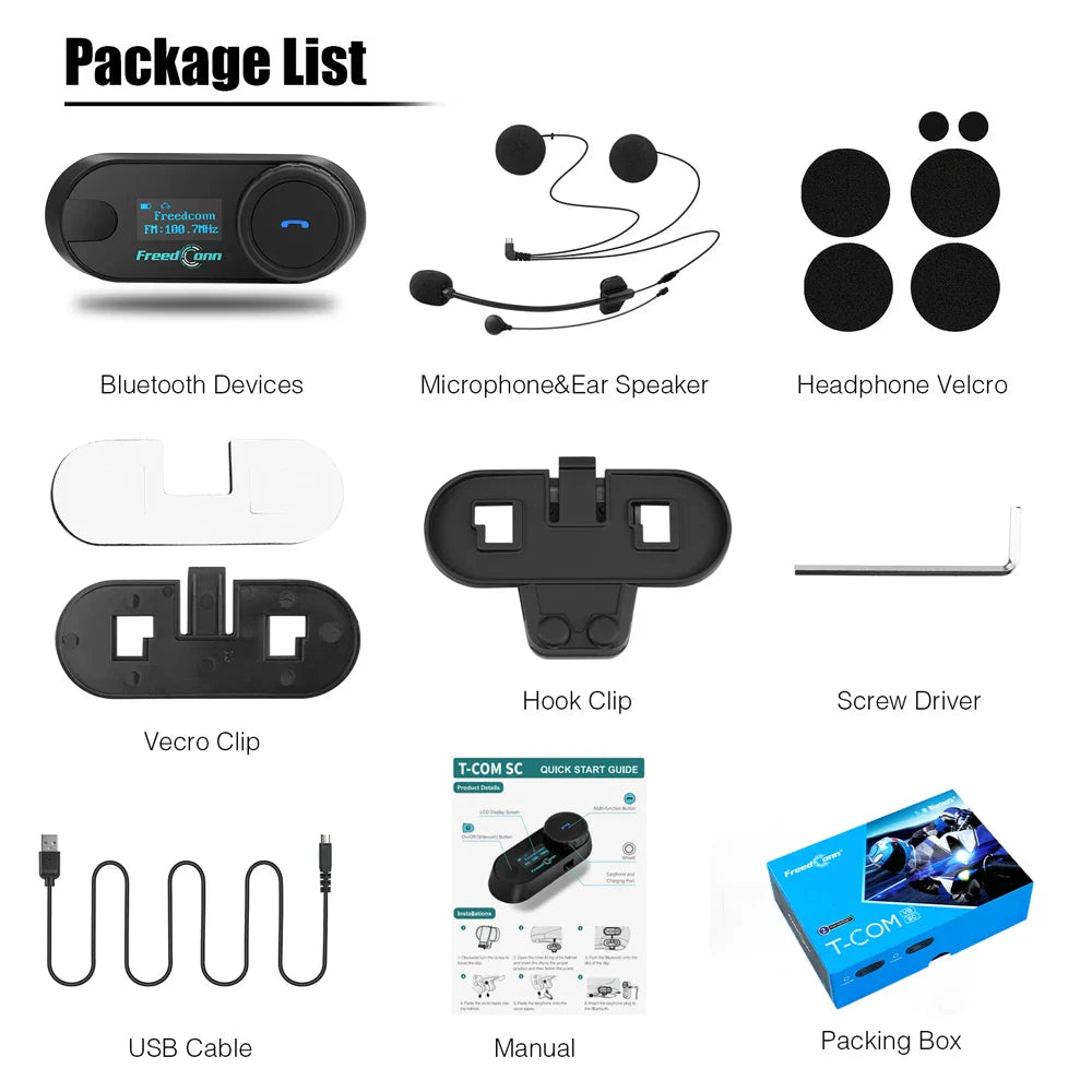 Black Freedconn T Com SC bluetooth motorcycle intercom helmet with circular display and button interface for wireless communication