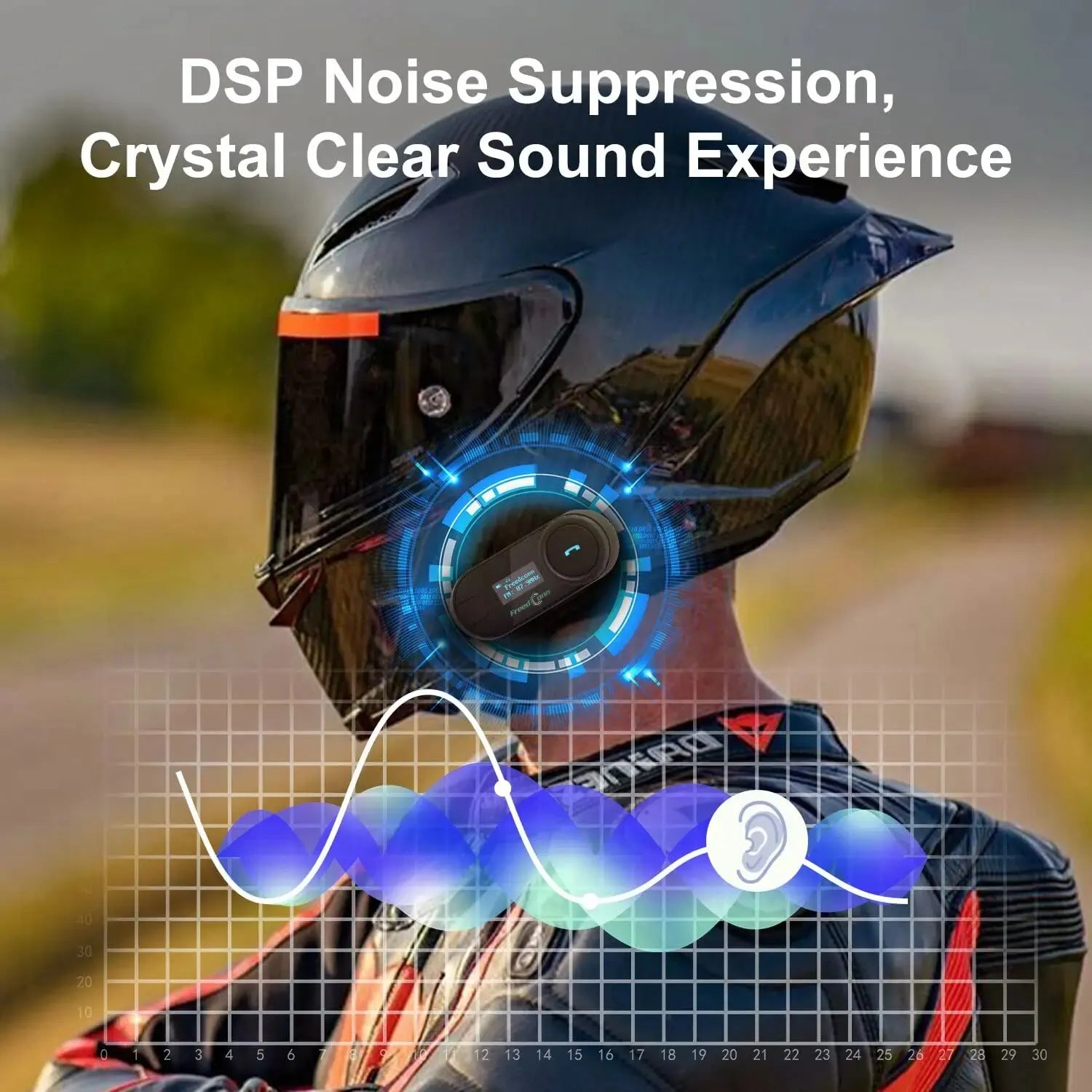 Black freedconn t com sc bluetooth motorcycle intercom helmet with integrated bluetooth and glowing blue digital interface