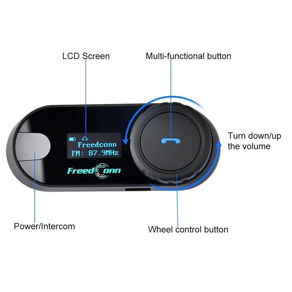Black freedconn bluetooth motorcycle intercom helmet with digital lcd screen and illuminated blue function buttons