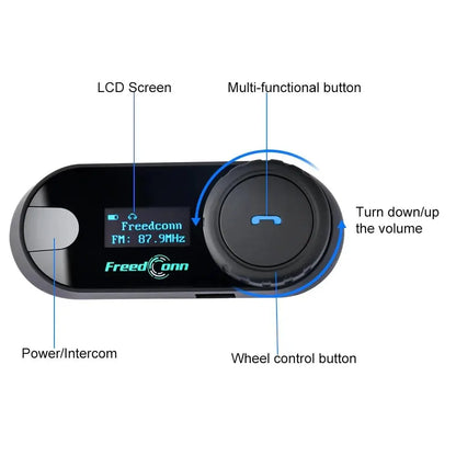 Black freedconn bluetooth motorcycle intercom helmet with digital lcd screen and illuminated blue function buttons