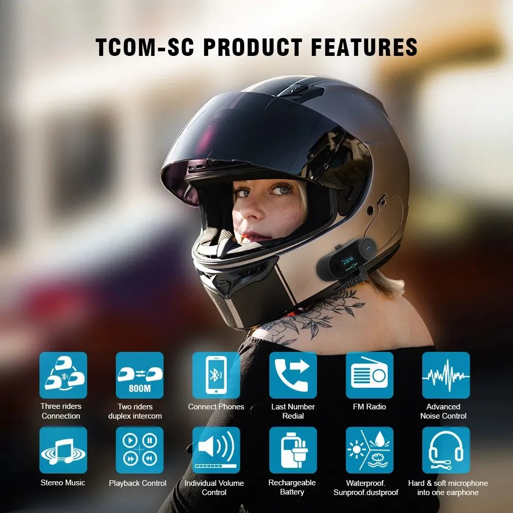 Black and silver tcom-sc bluetooth motorcycle intercom helmet with modular design and integrated wireless communication system
