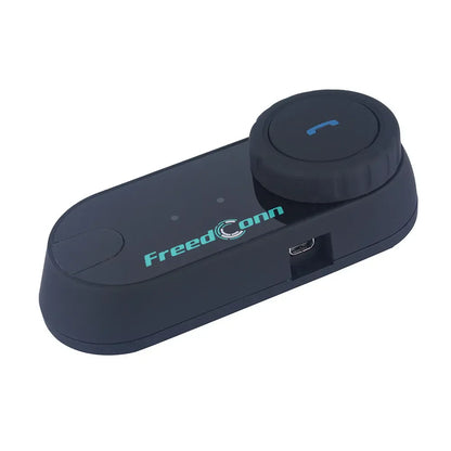 Black freedconn bluetooth motorcycle intercom with circular call button and usb port for duplex intercom full-duplex and music sharing