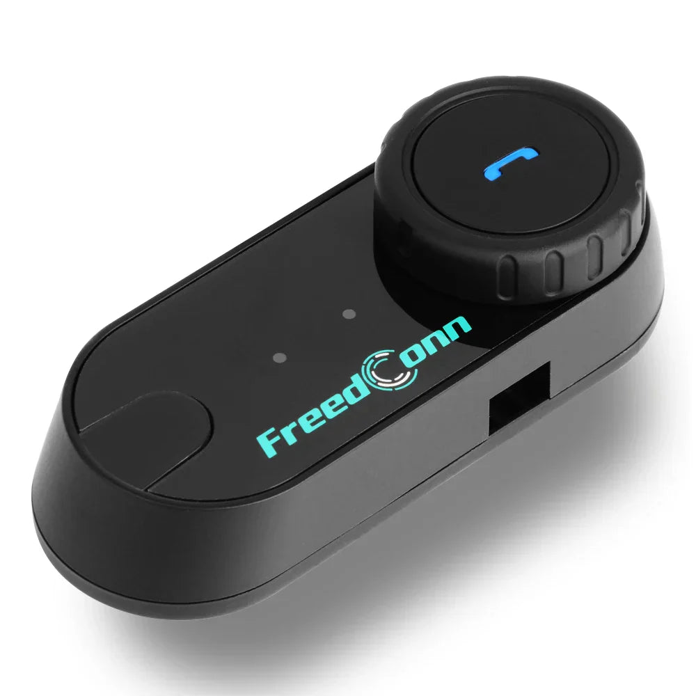 Black freedconn bluetooth duplex intercom full-duplex with circular call button and illuminated blue logo for 1000m motorcycle helmet music sharing