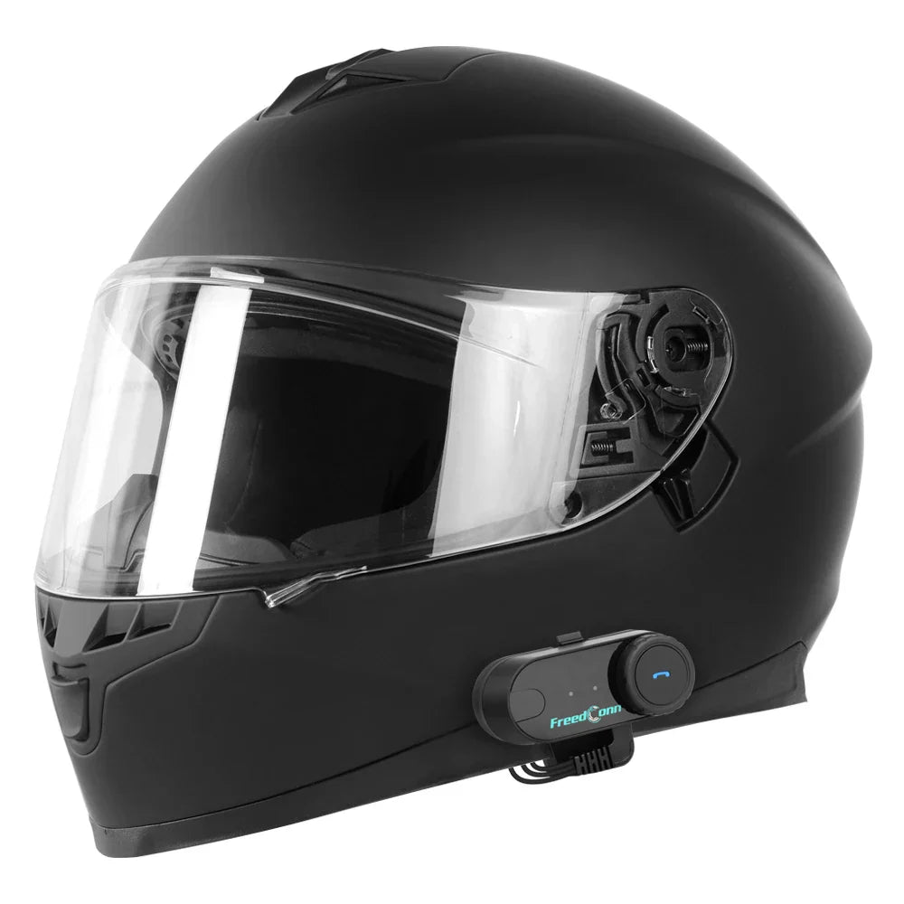 Black matte-finish freedconn t-com vb 1000m motorcycle helmet with full-duplex intercom and music sharing features