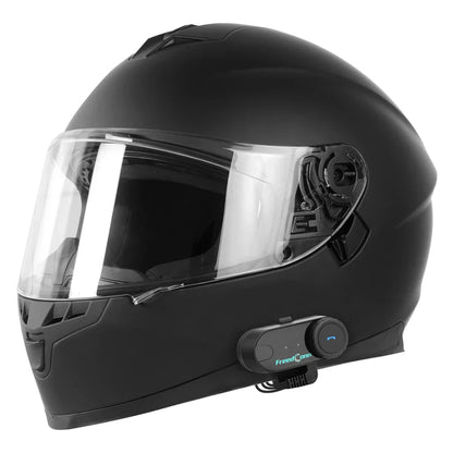 Black matte-finish freedconn t-com vb 1000m motorcycle helmet with full-duplex intercom and music sharing features