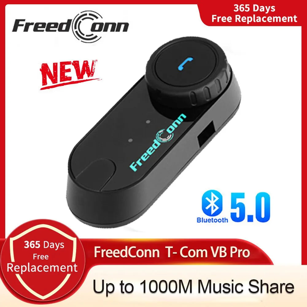 Black freedconn t com vb motorcycle helmet headset with bluetooth 5.0 circular knob and illuminated blue logo for intercom communication