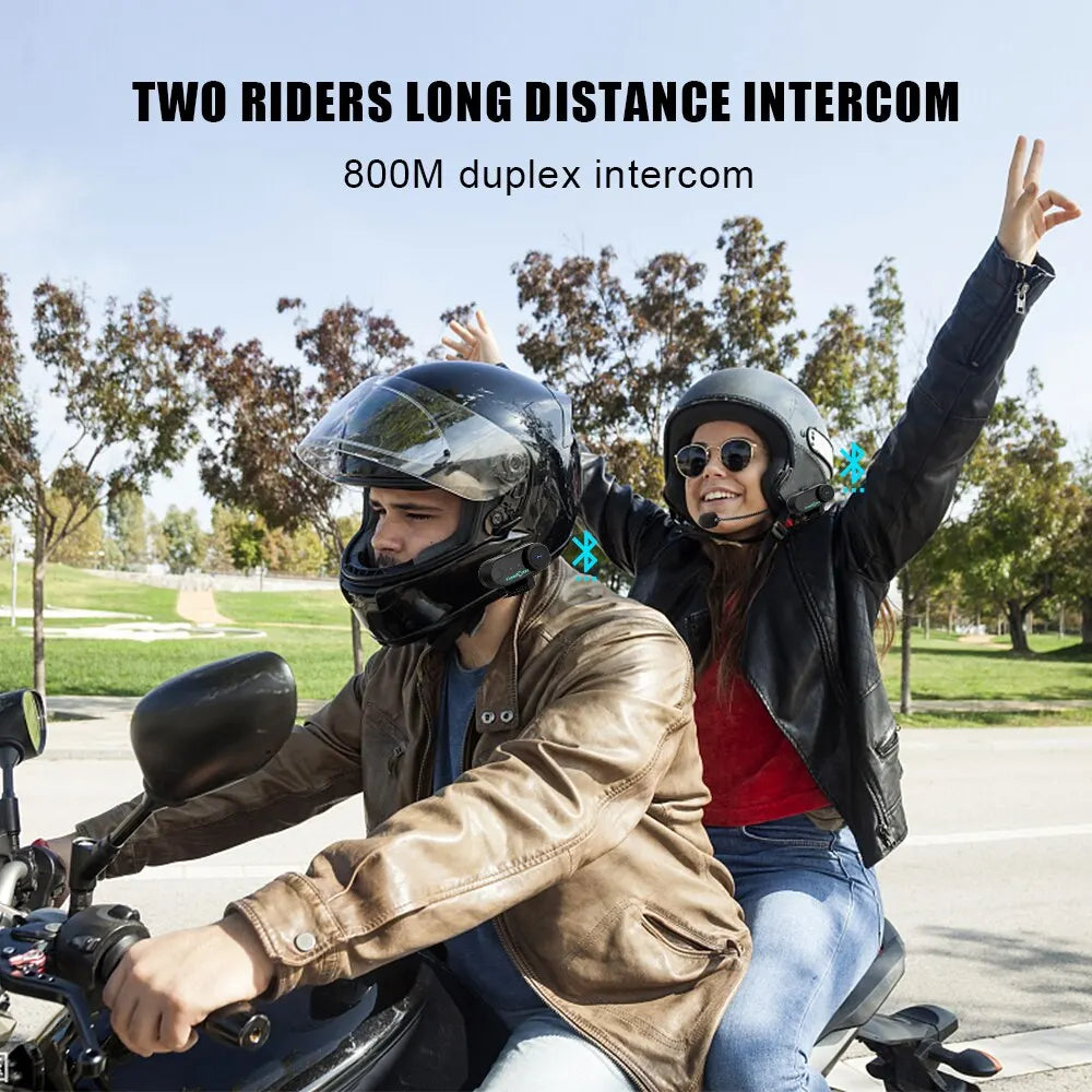 Black motorcycle helmet headset with integrated freedconn bluetooth stereo intercom for two riders communication