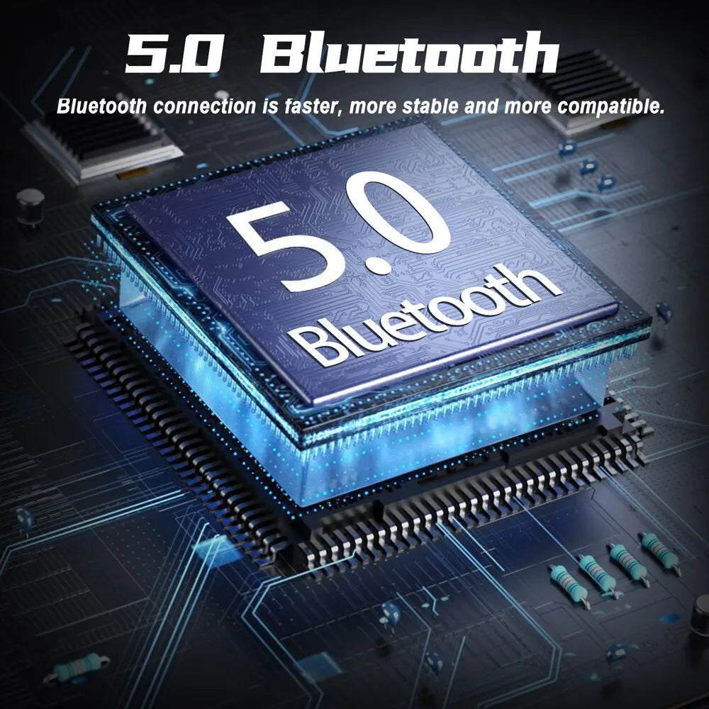 A sleek blue and silver 5.0 bluetooth chip with glowing circuitry in the freedconn t com vb motorcycle helmet headset bluetooth stereo intercom
