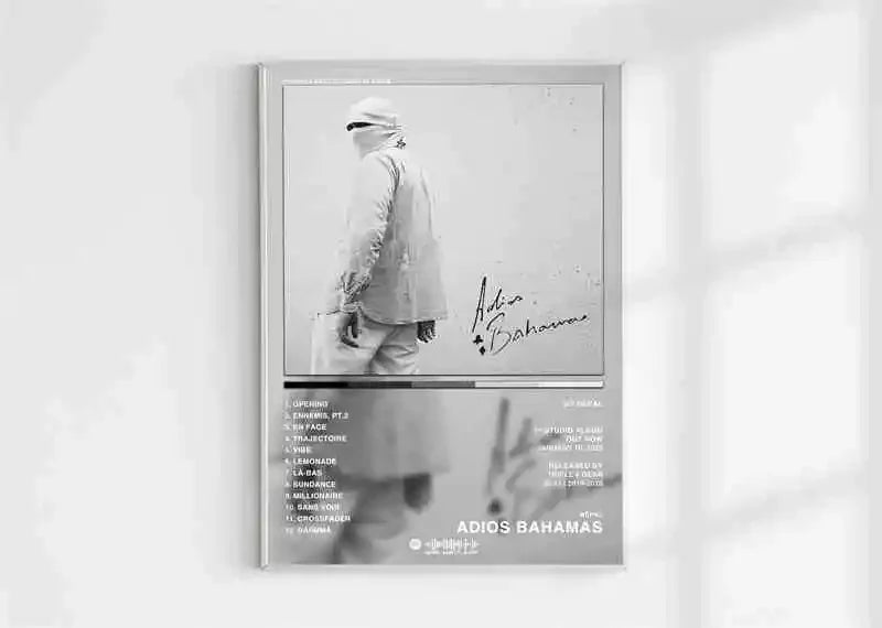 A framed black-and-white poster aesthetic 2pac featuring a signature and tracklist for adios bahamas wall art print