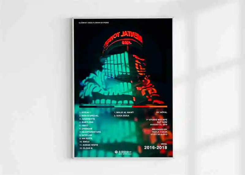 A framed french rap pop music album poster aesthetic 2pac pnl plk errr with neon teal and red building design and track list