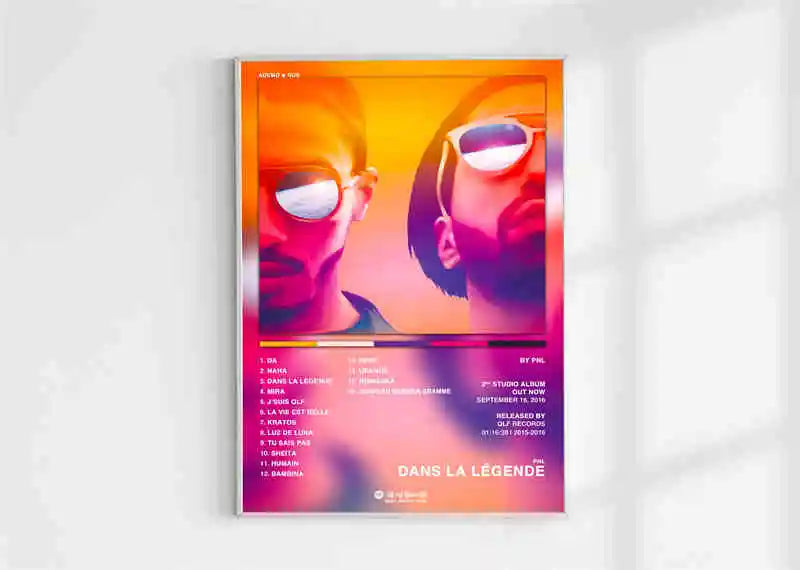 Vibrant french rap pop music album poster aesthetic 2pac with two stylized faces in orange magenta tones wall art print