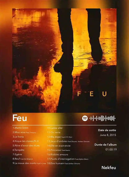 The french rap pop music album poster aesthetic 2pac features nekfeu feu cover with fiery orange silhouette on canvas print