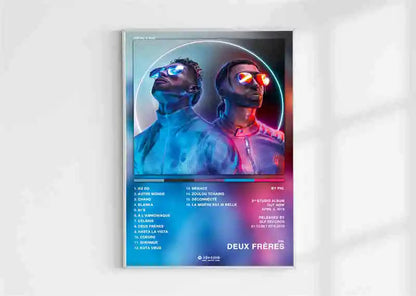 A vibrant neon-lit french rap pop music album poster aesthetic 2pac pnl plk errr with futuristic sunglasses and metallic border