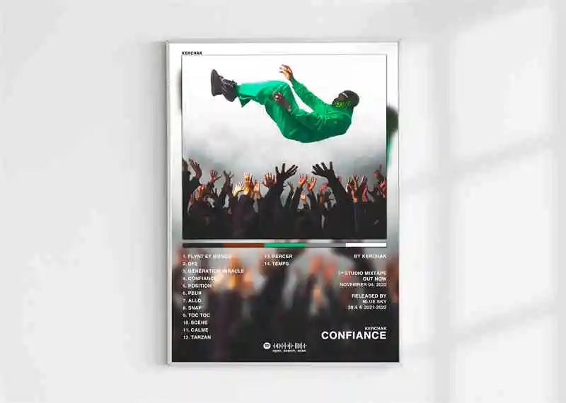 Green athletic outfit worn by performer mid-air in French rap pop music album poster aesthetic 2pac pnl plk errr print