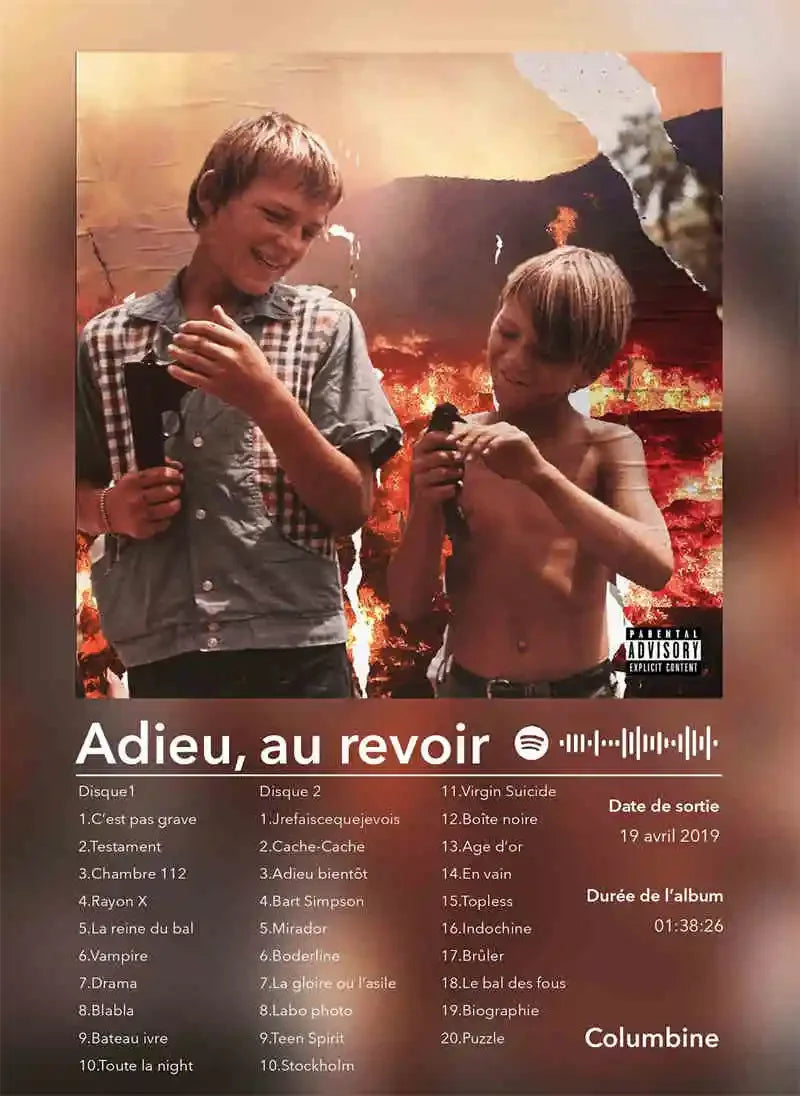 French rap pop music album poster aesthetic 2pac featuring columbine adieu au revoir cover with fiery backdrop print