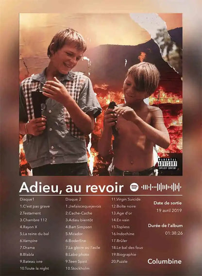 French rap pop music album poster aesthetic 2pac featuring columbine adieu au revoir cover with fiery backdrop print
